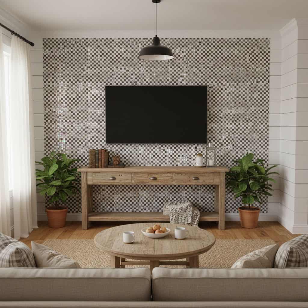 Black and white checkered tile wall with textured surface in modern living room.