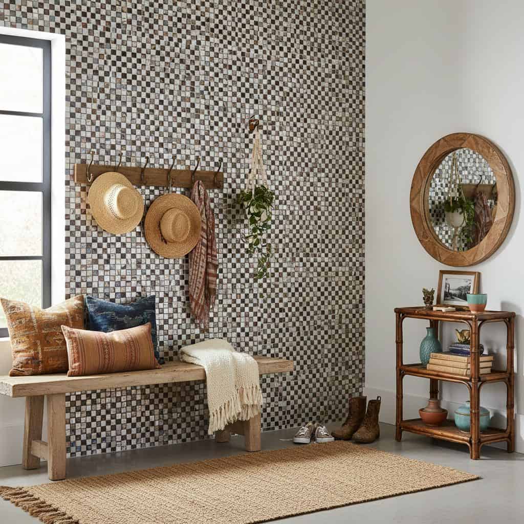 Decorative mosaic tile wall in neutral tones.