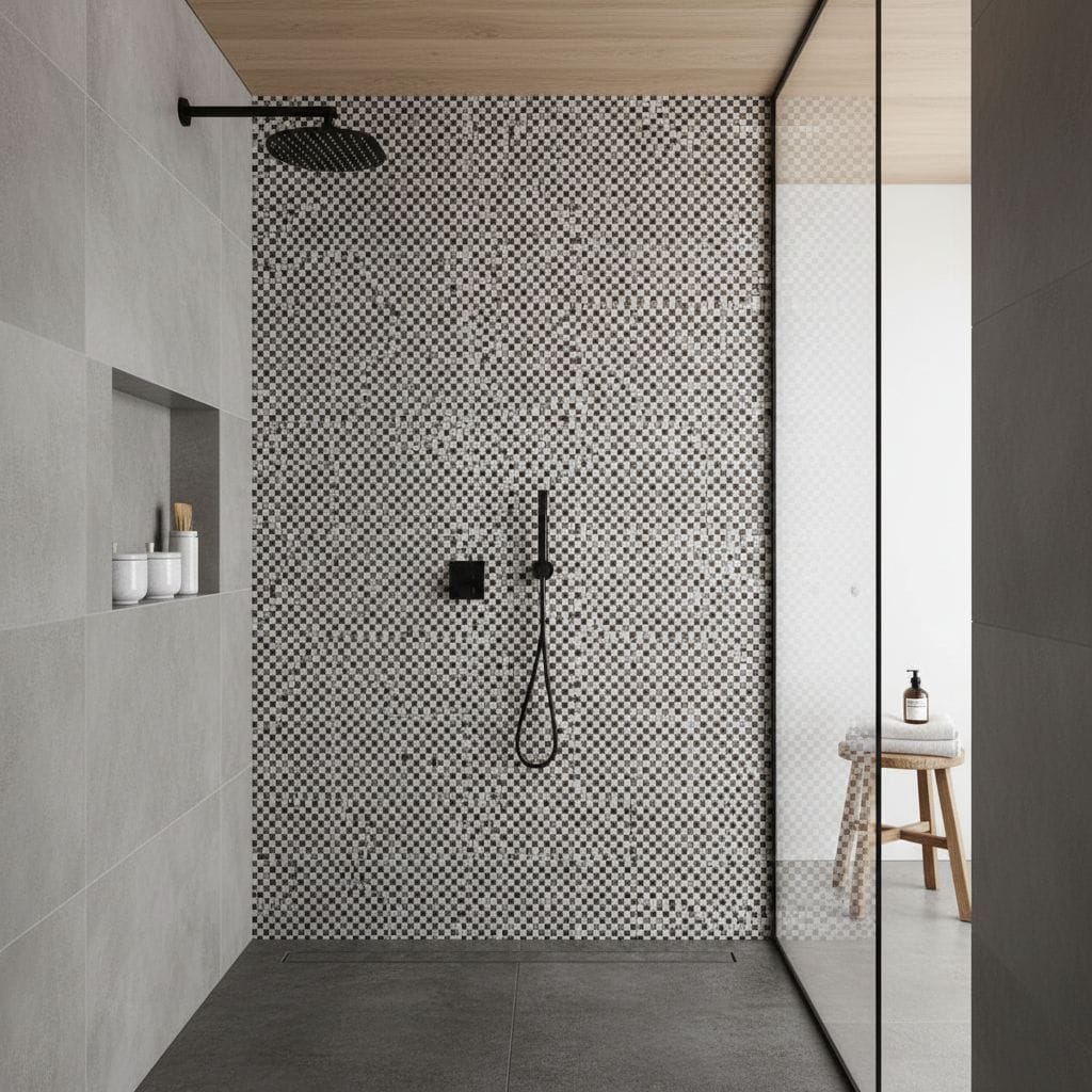 Black and white mosaic tiles with a matte finish in the shower wall area.