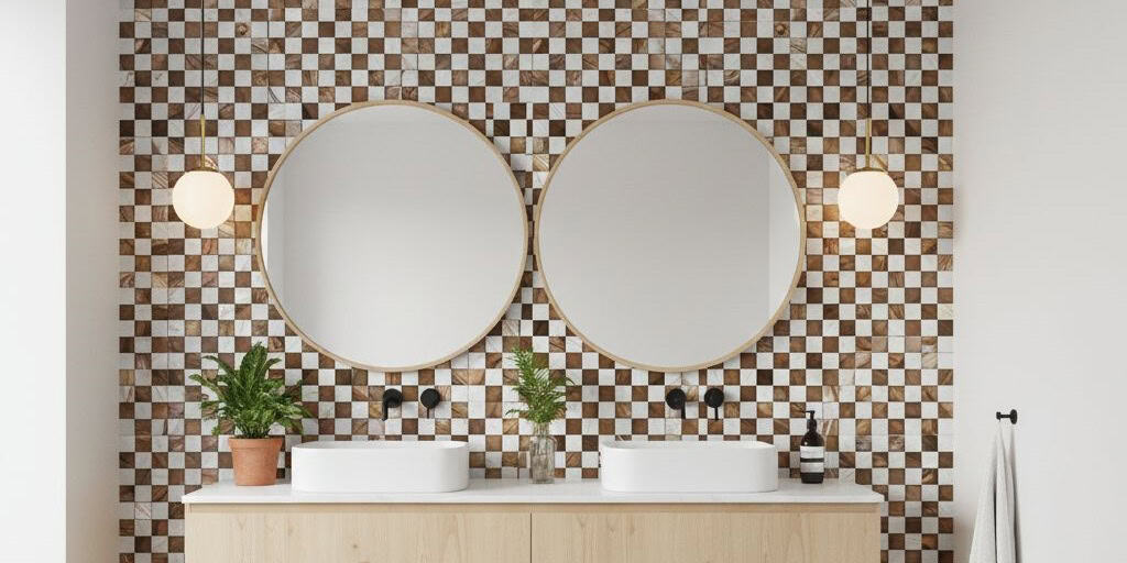 Bright checkered tile wall with brown and beige tones, textured surface, and a contemporary design.