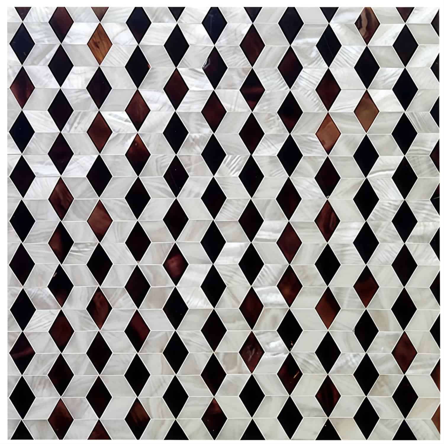 Colorful geometric tile design with white, black, and brown shades.
