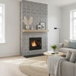 Black and white geometric patterned tile with a fireplace and wooden shelf.