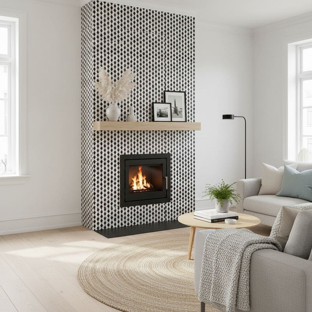 Black and white geometric patterned tile with a fireplace and wooden shelf.