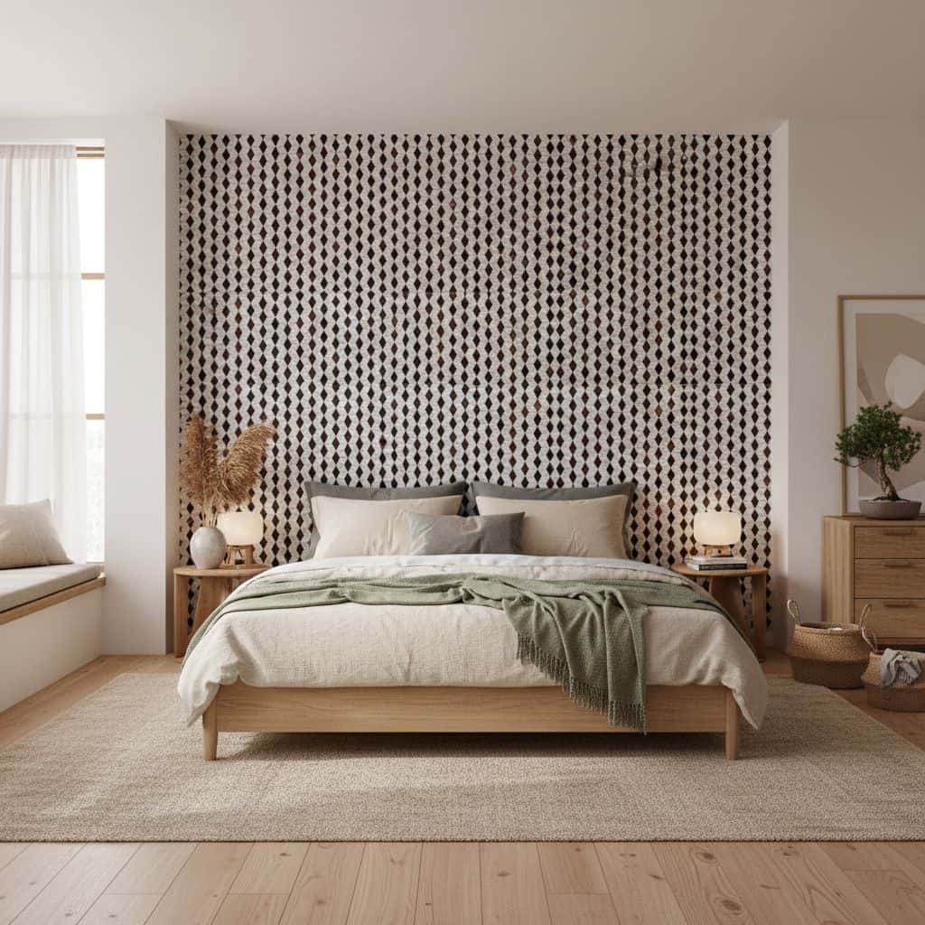 Black and white geometric patterned wallpaper with a textured finish in a bedroom.