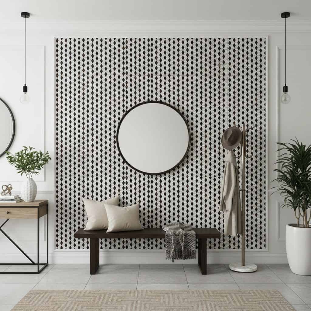 Black and white geometric patterned tile wall with round mirror and decor.