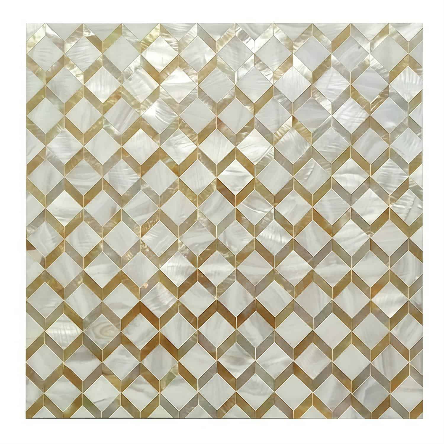 Shimmering mother of pearl tile with a geometric cube pattern in gold and white tones.