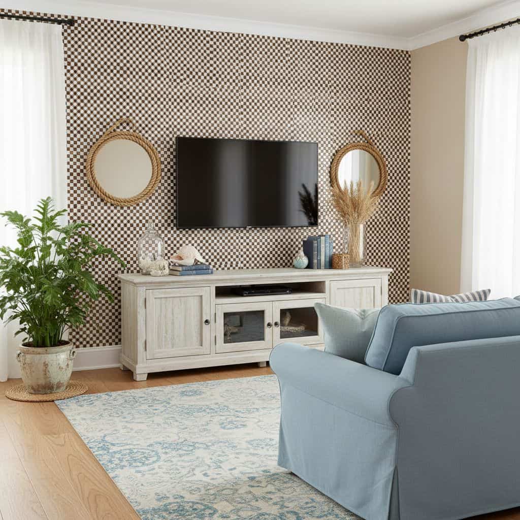 Checkered wall tile in black and white with a matte finish, adding a contemporary touch to the living room.