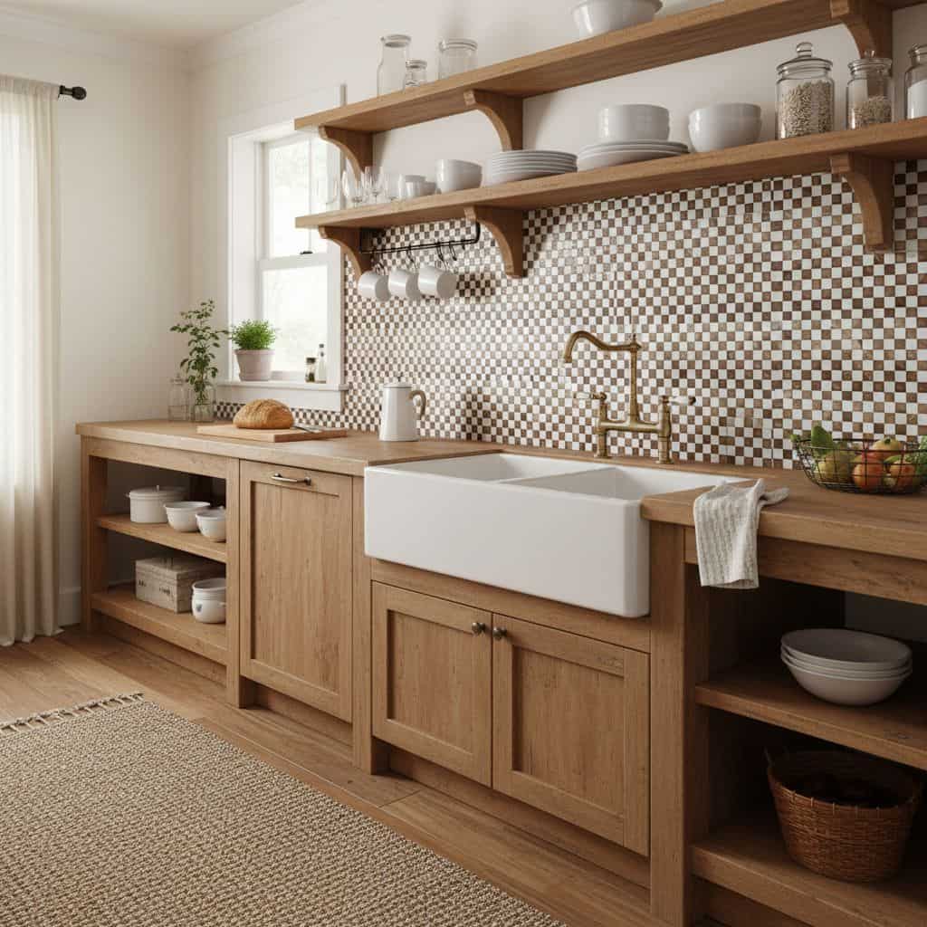 White and brown geometric patterned ceramic tiles in a modern kitchen backsplash.