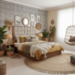 Bright yellow and neutral tones, textured bedding, and natural materials create a cozy, bohemian bedroom ambiance.