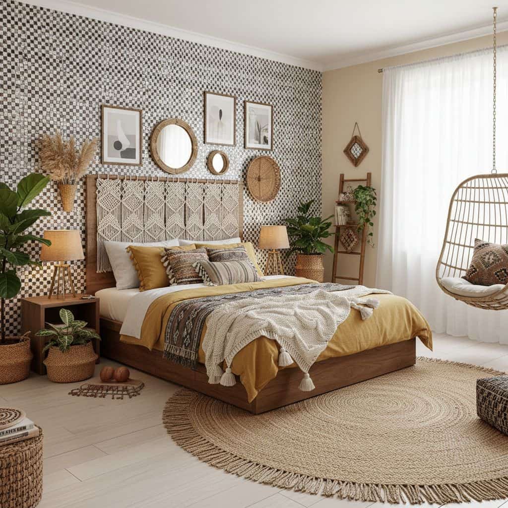Bright yellow and neutral tones, textured bedding, and natural materials create a cozy, bohemian bedroom ambiance.