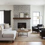 Black and white checkered tile with matte finish around fireplace.