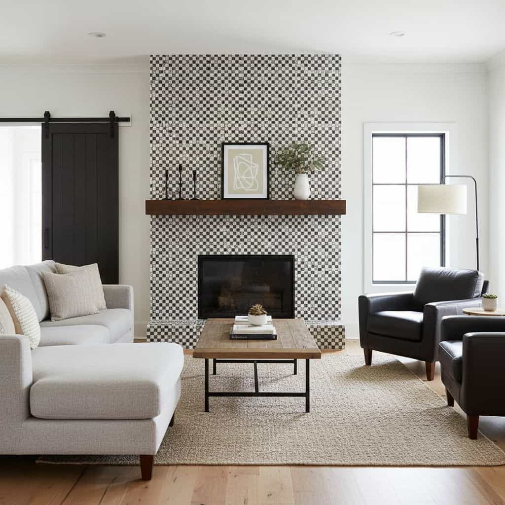 Black and white checkered tile with matte finish around fireplace.
