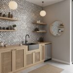 Bright mosaic tile backsplash with neutral tones and textured surface.