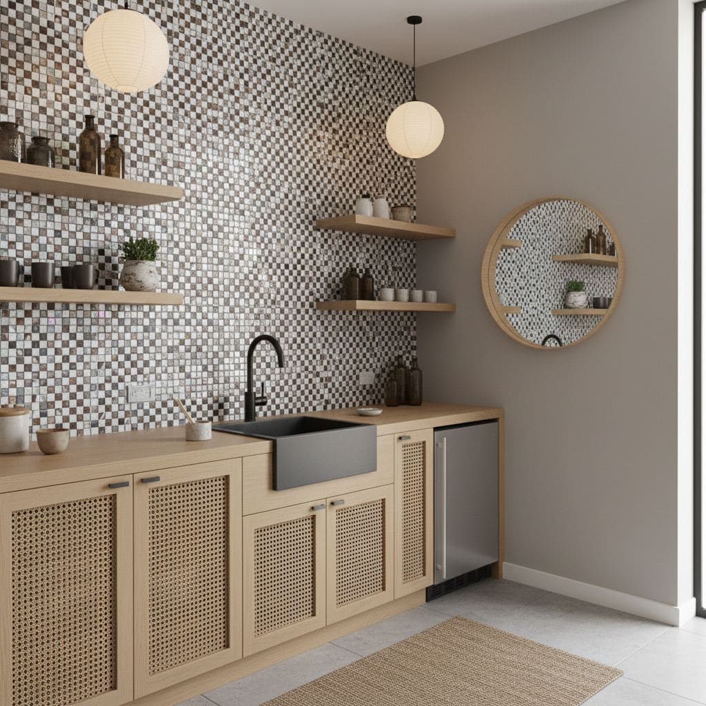 Bright mosaic tile backsplash with neutral tones and textured surface.