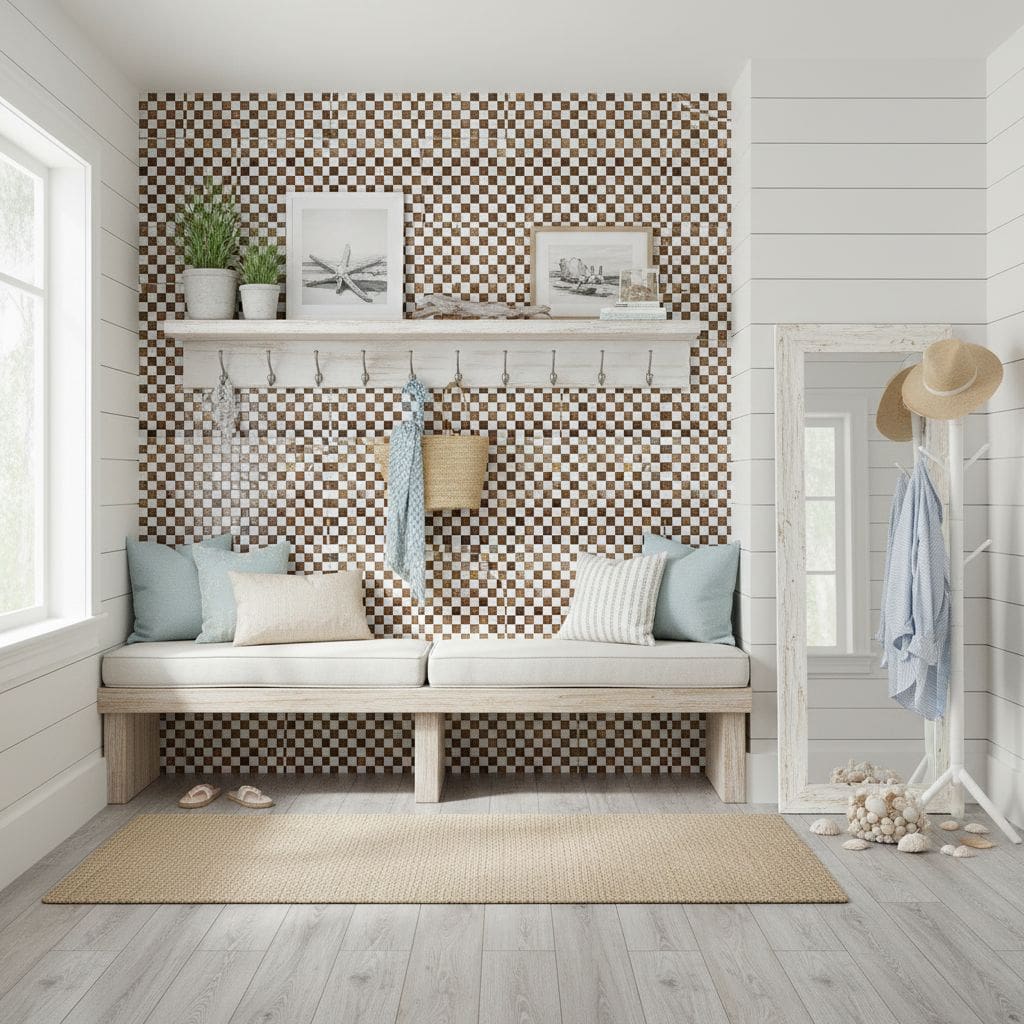 Bright, patterned tile wall with geometric design in sunset brown and white, adding visual interest to a cozy living space.