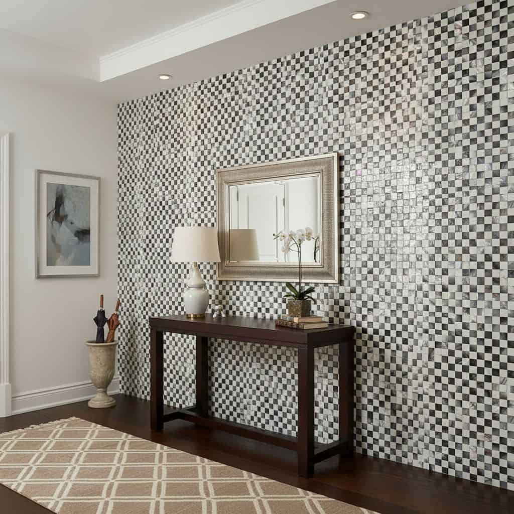 A black and white checkered ceramic tile wall with a textured surface, creating a bold, modern look in the interior space.