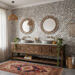 Mosaic tile wall with small, multicolored square tiles in shades of brown, beige, and white, featuring a textured surface.