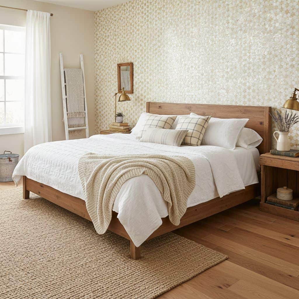 A cozy bedroom with a textured, neutral-colored wallpaper, wooden furniture, and soft bedding creating a warm, inviting atmos.