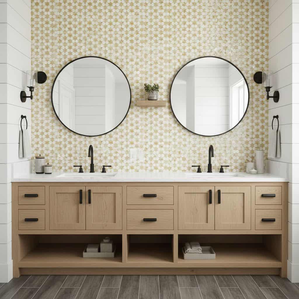Beige patterned tiles with a subtle star design, smooth texture, and neutral tones complement the bathroom decor.