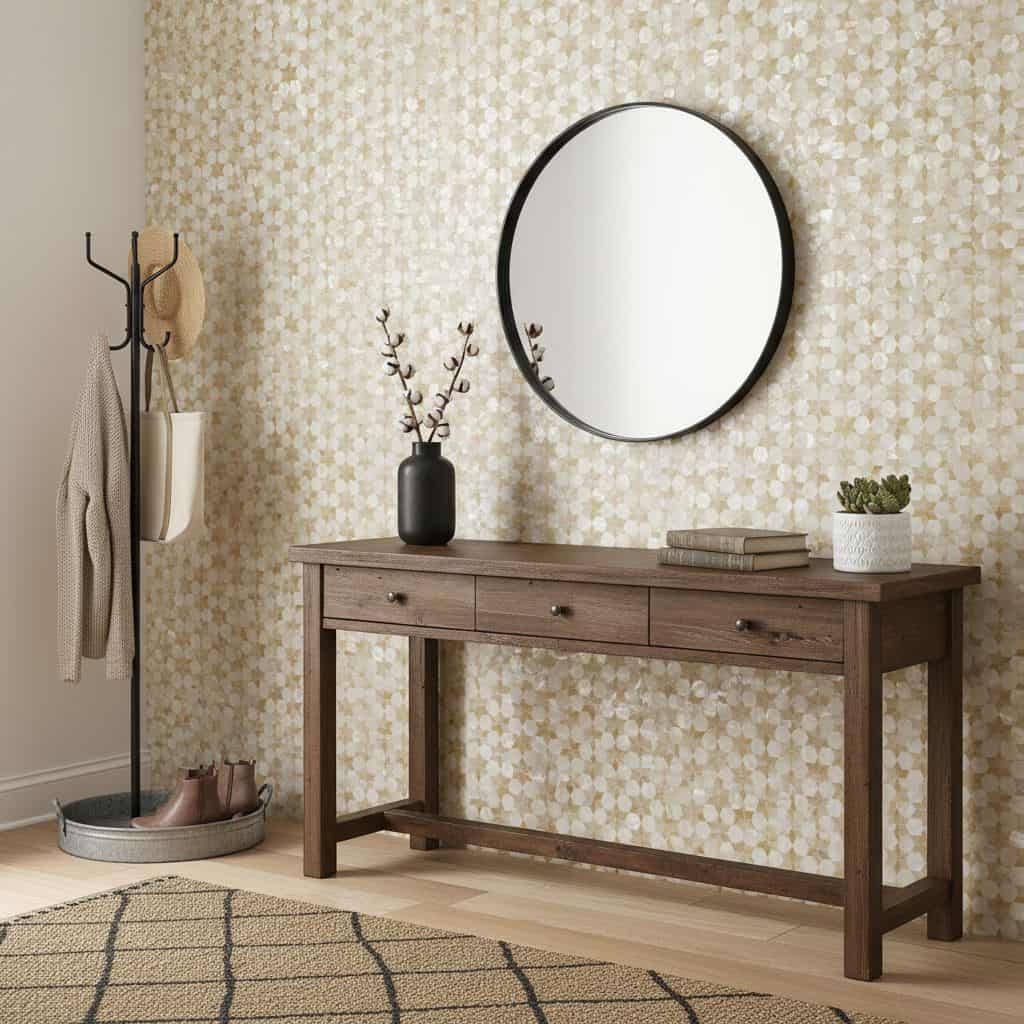 Decorative floral patterned wallpaper in soft beige and cream tones.