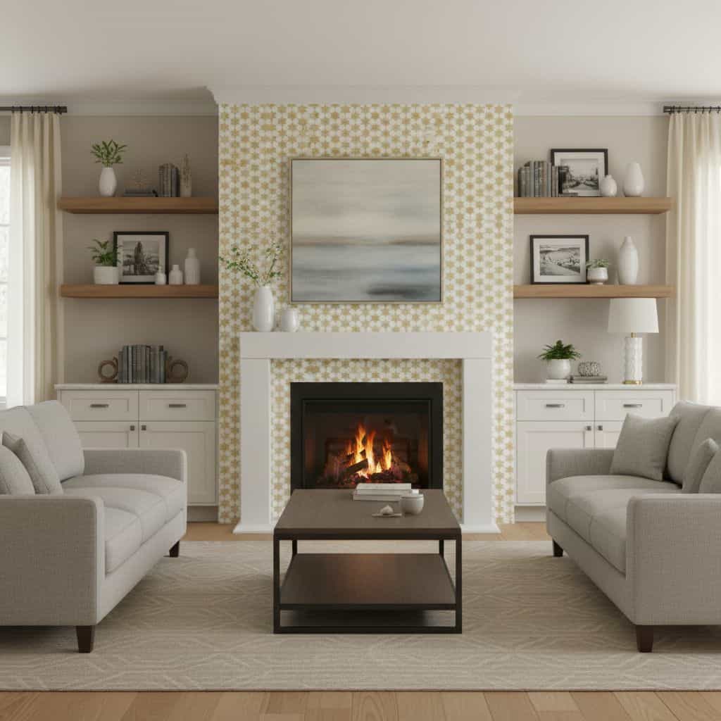 Patterned beige and white tiles surrounding the fireplace, creating a cozy and stylish living room focal point.
