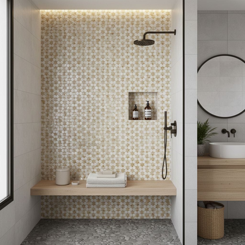 Bright beige and white geometric patterned tile in shower area.