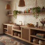 Warm beige ceramic tile backsplash with a textured, matte finish in a cozy kitchen setting.