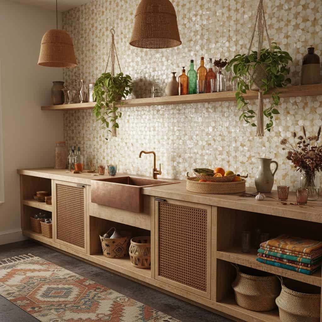 Warm beige ceramic tile backsplash with a textured, matte finish in a cozy kitchen setting.