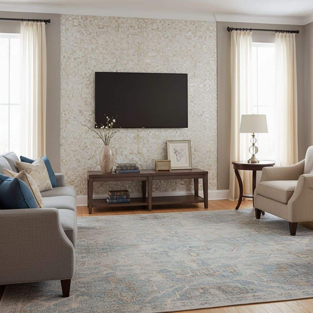 Light neutral mosaic wall tile with small, textured glass and stone pieces, creating a subtle, elegant backdrop.