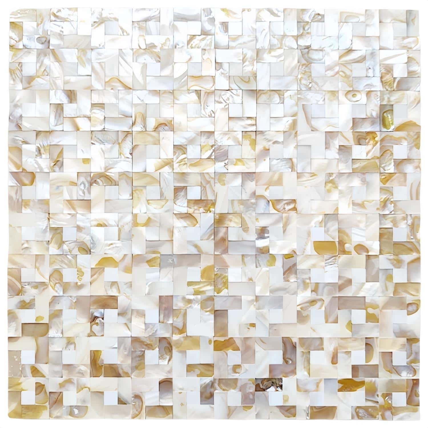 White mother-of-pearl mosaic tile with smooth, shiny surface and intricate pattern.