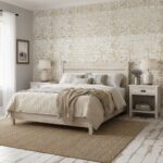 Beige textured wall tile with a soft, matte finish in a bedroom setting. The room features neutral tones, a comfortable bed,.