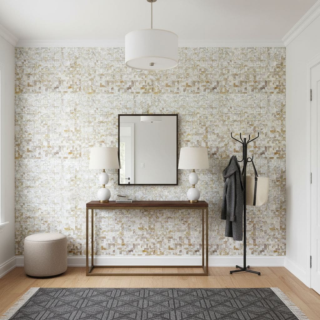 Neutral mosaic tile wall with textured, multi-tonal finish, adding a modern and elegant touch to the entryway.