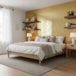 Warm beige ceramic tiles with textured surface, complementing the modern bedroom decor.