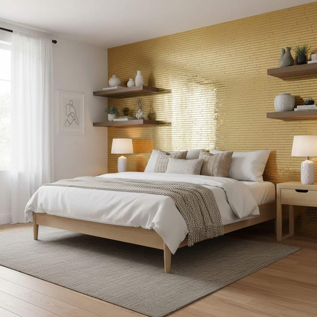 Warm beige ceramic tiles with textured surface, complementing the modern bedroom decor.