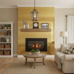 Fireplace with yellow brick surround, wooden mantel, and cozy living room decor.
