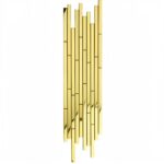A sleek, modern wall sconce featuring gold-colored metal rods with a textured finish.