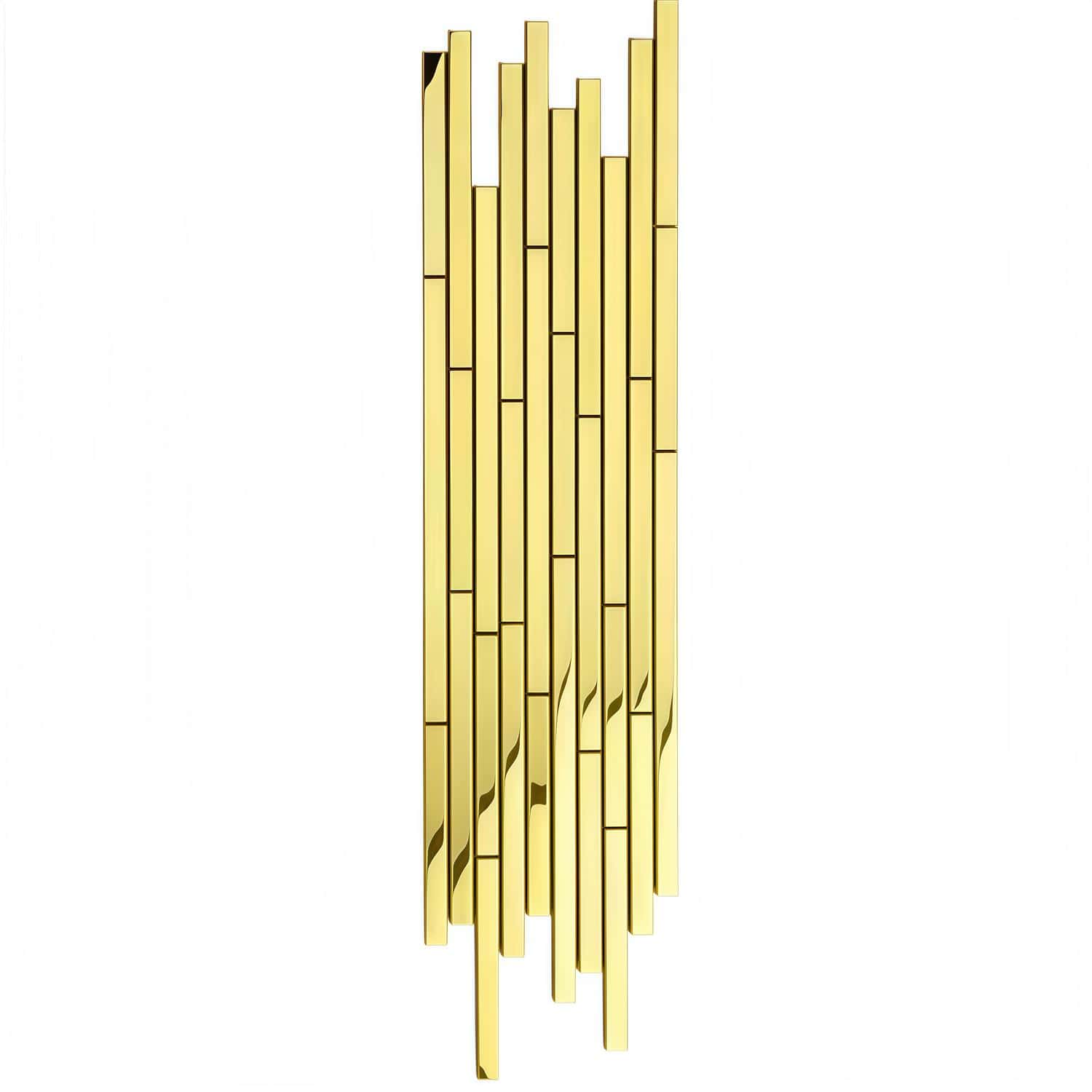 A sleek, modern wall sconce featuring gold-colored metal rods with a textured finish.