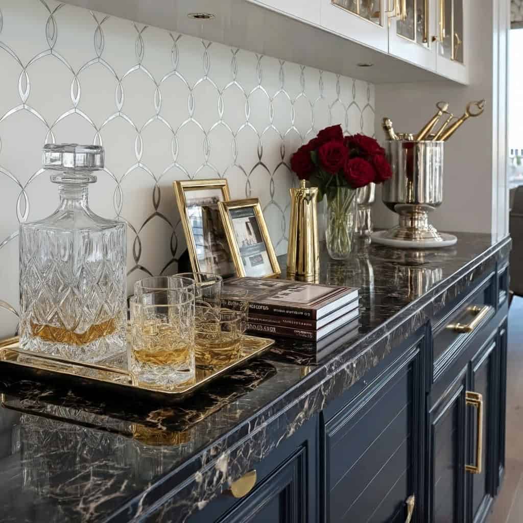 Elegant black marble countertop with gold accents and a polished finish.