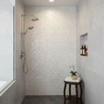 White textured ceramic tile with a woven pattern in the shower area.