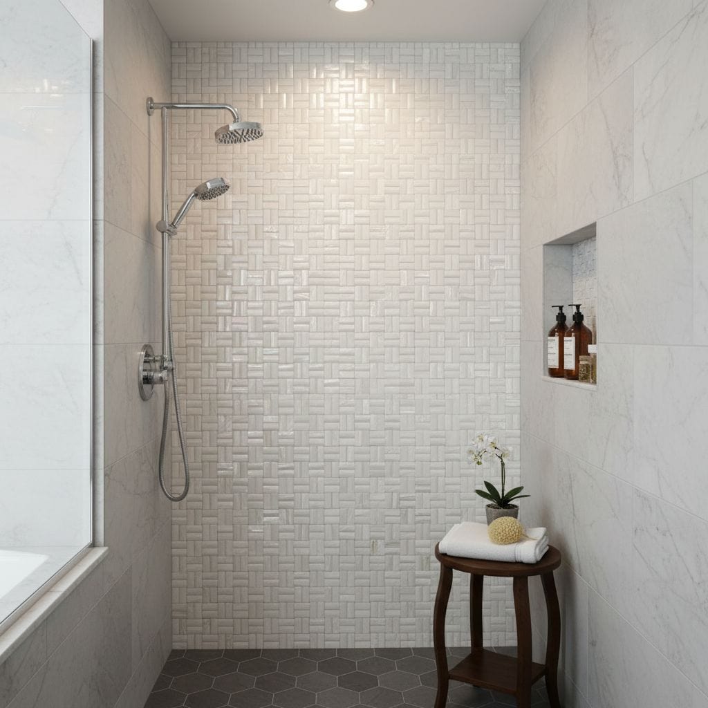 White textured ceramic tile with a woven pattern in the shower area.