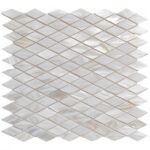 Bright white mother of pearl mosaic tile with iridescent, textured surface.