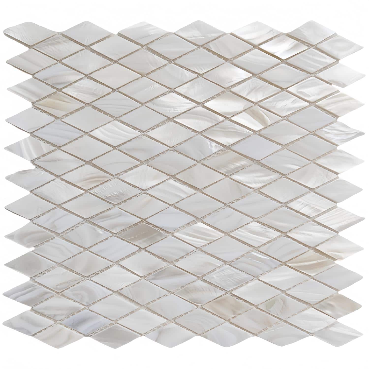 Bright white mother of pearl mosaic tile with iridescent, textured surface.