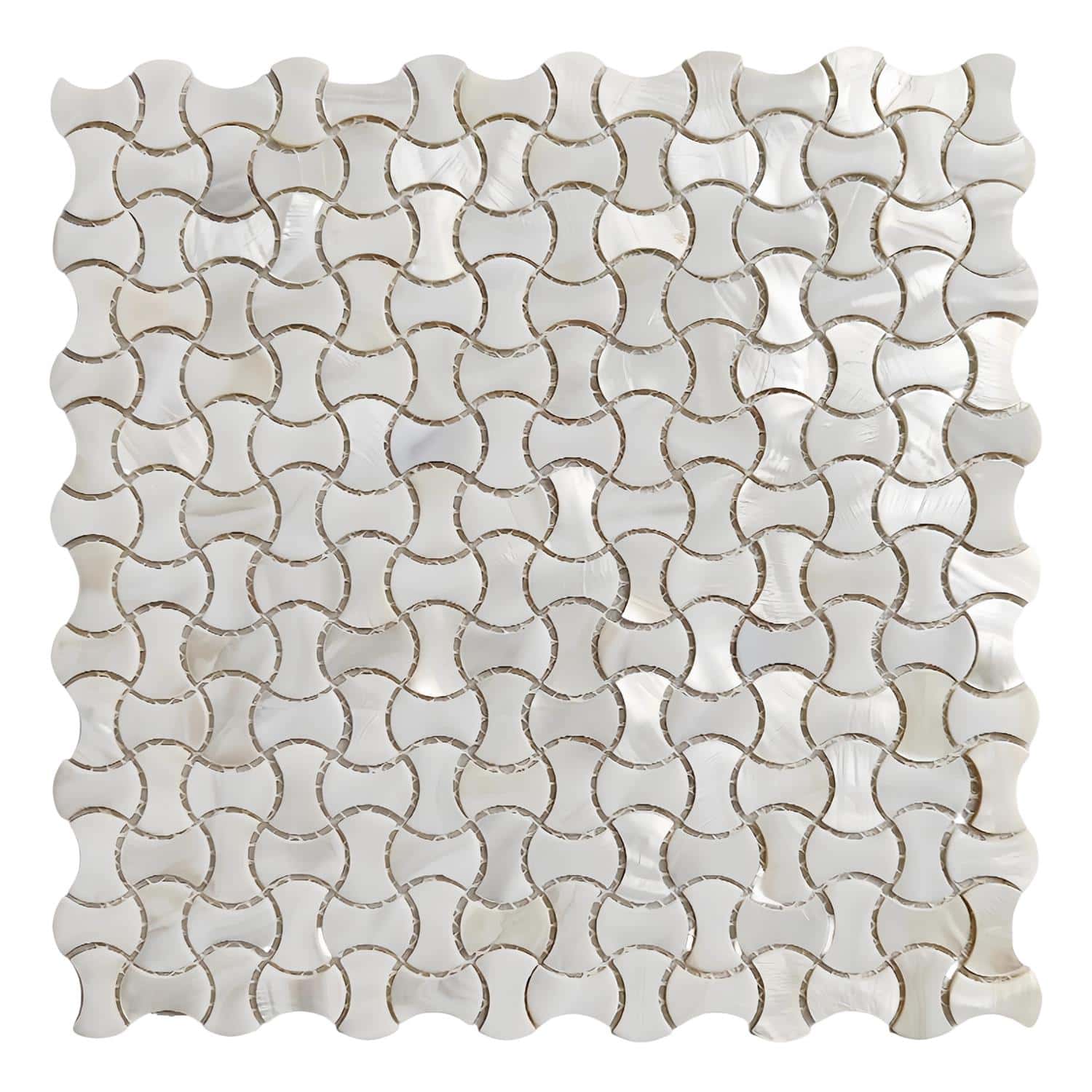 White and gold mosaic tile with a curved, wave-like pattern.