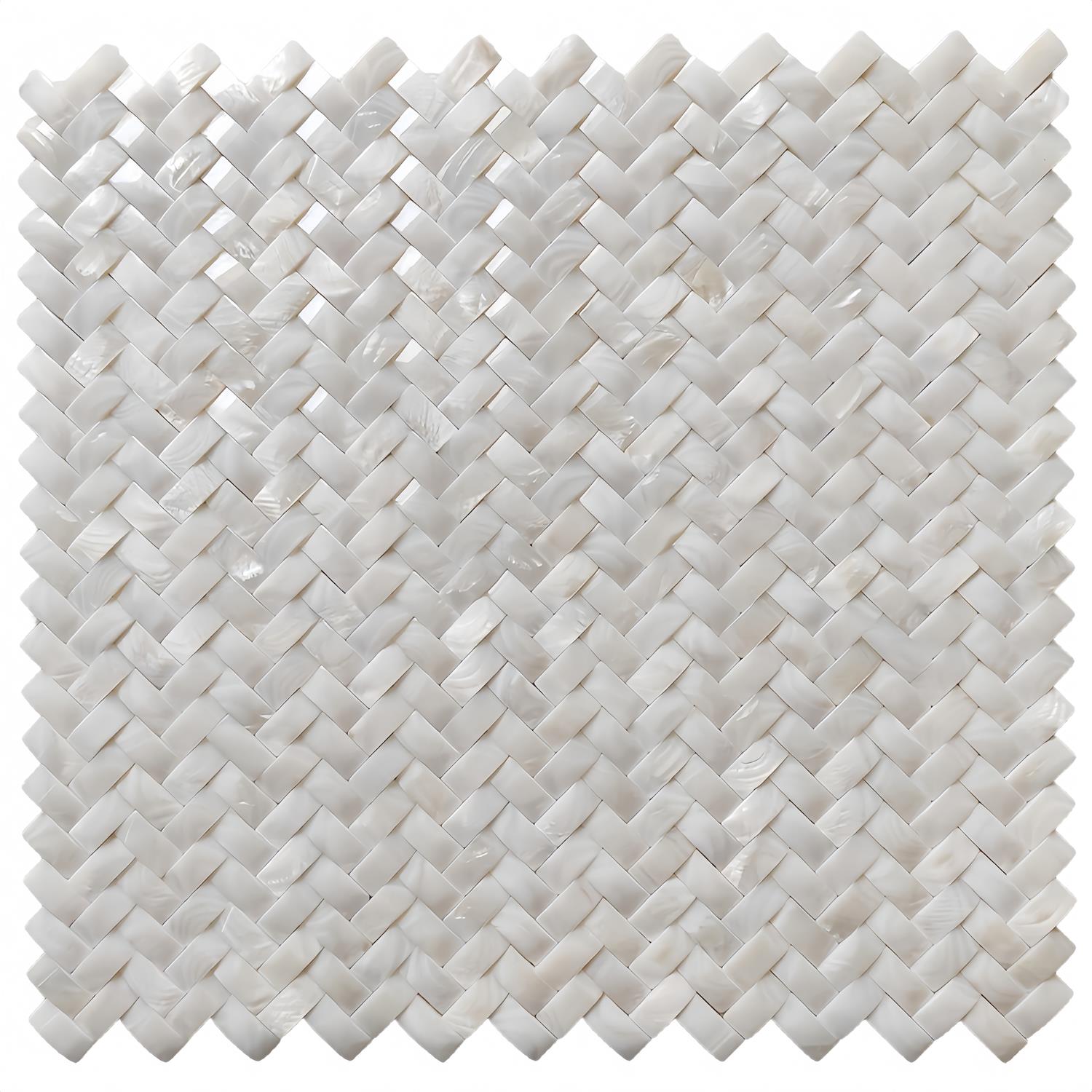 White marble woven tile with smooth, glossy texture and intricate pattern.