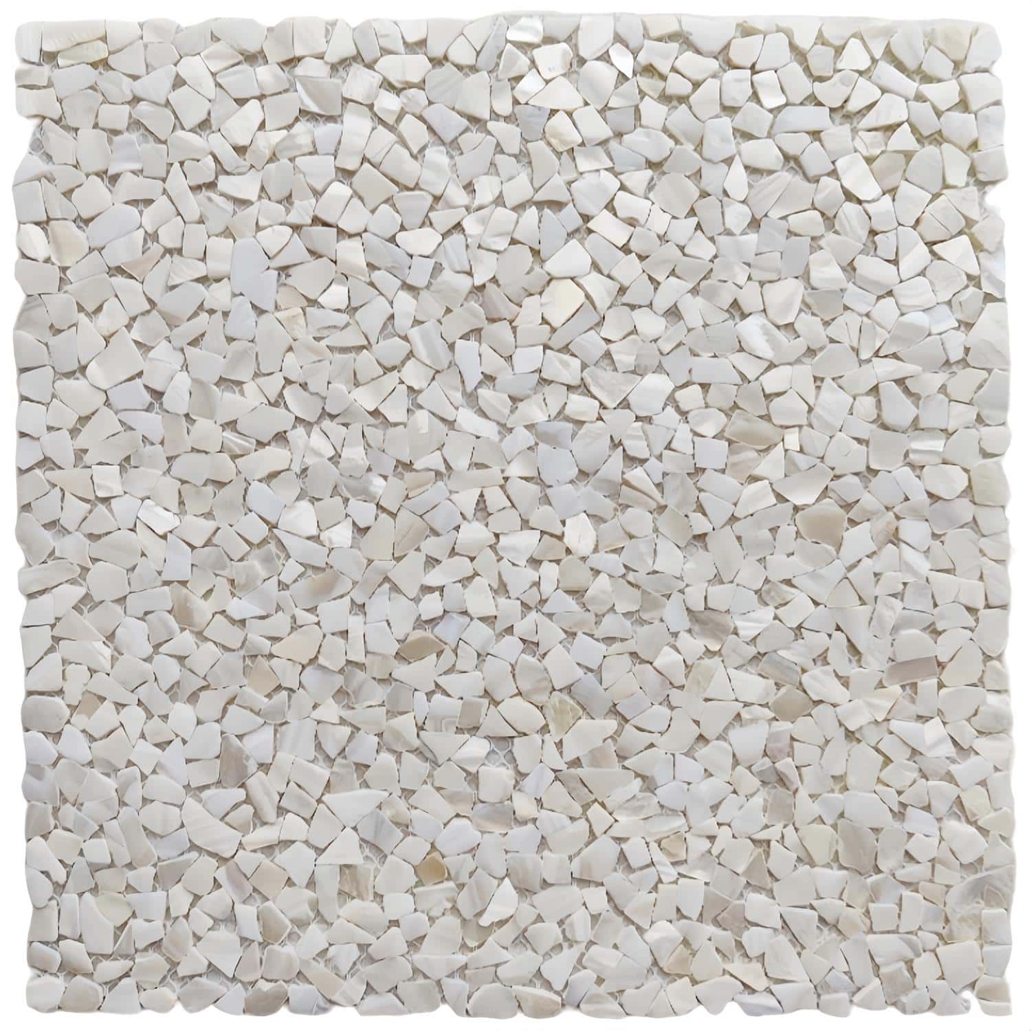 Cream mosaic tile with small irregular pieces, smooth texture, ideal for modern bathroom decor.