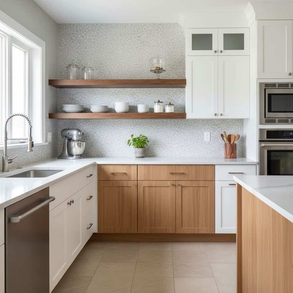 Bright white ceramic tiles with a smooth texture and subtle pattern, complementing the modern kitchen decor.