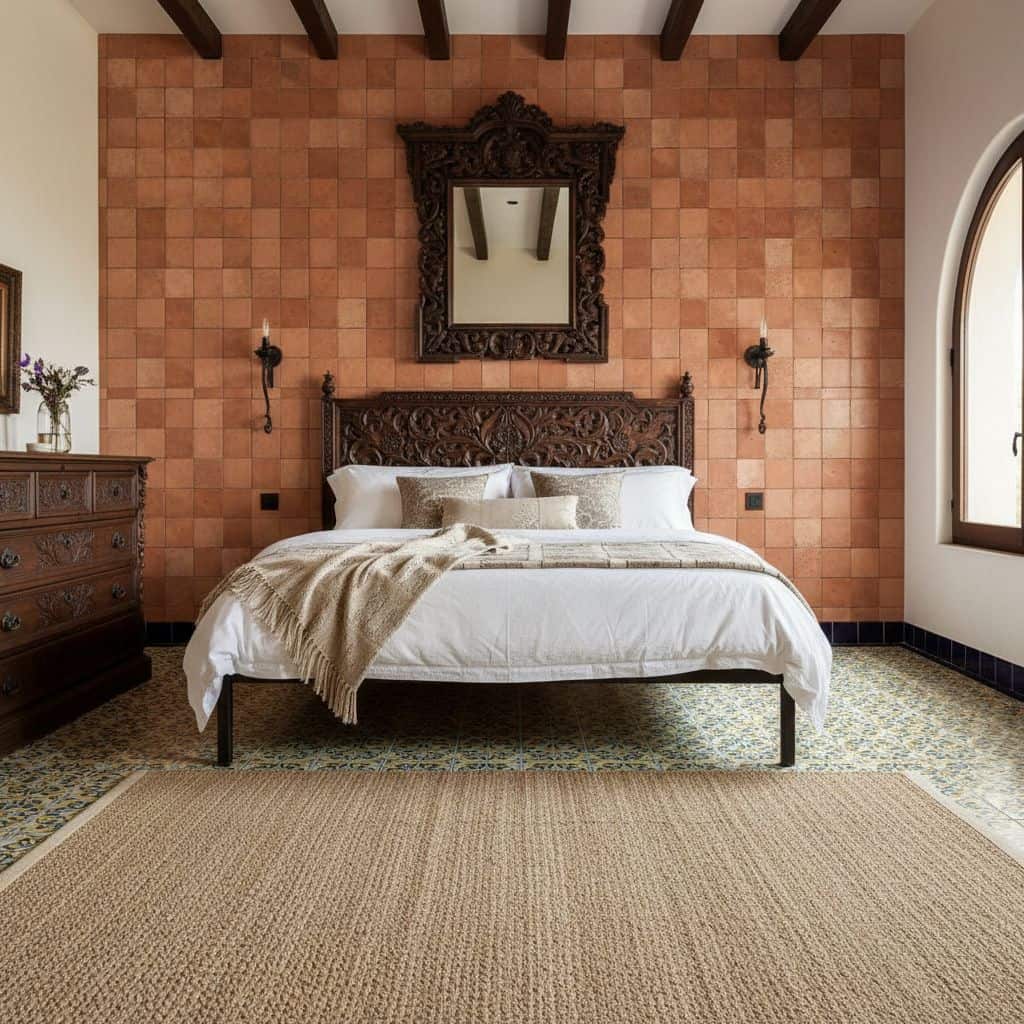 Warm terracotta-colored textured tiles on the wall behind the bed.
