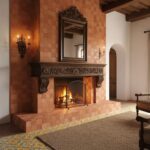 Terracotta tile fireplace with detailed wooden mantel and mirror, warm lighting, and cozy ambiance in a rustic living room se.