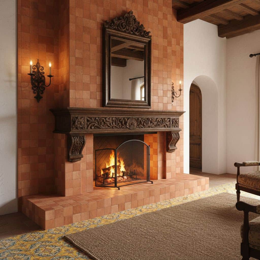 Terracotta tile fireplace with detailed wooden mantel and mirror, warm lighting, and cozy ambiance in a rustic living room se.