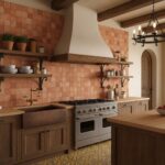 Warm terracotta tile wall with textured finish in a cozy kitchen setting.